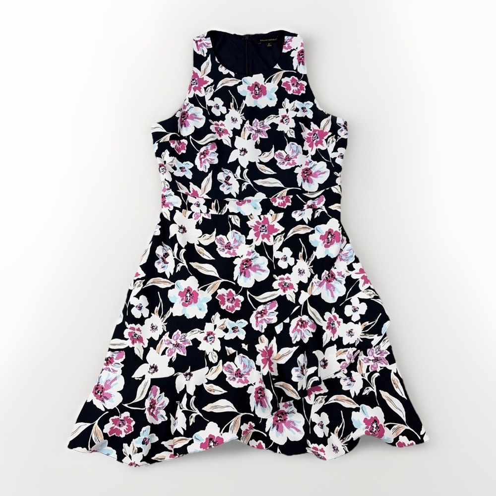 Banana Republic Fit and Flare Dress Womens 12 Navy Pink Floral Ruffle Hem